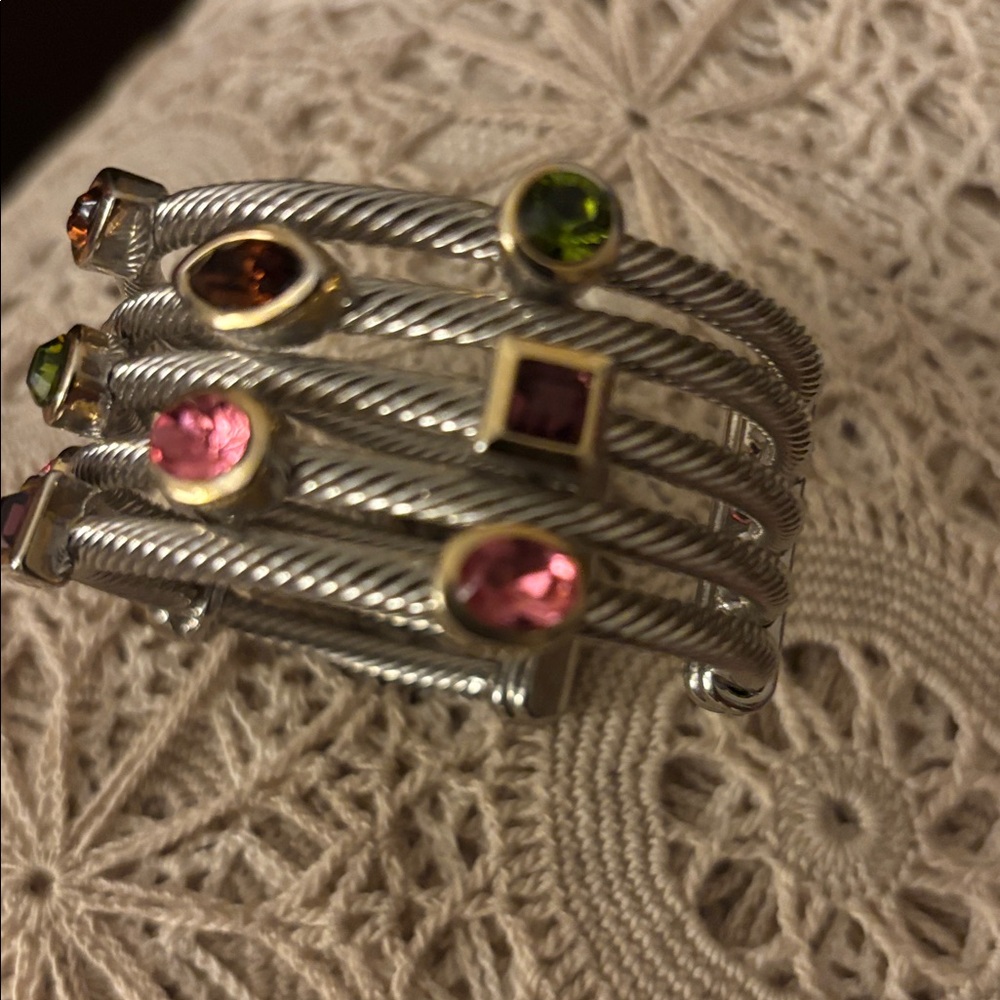 Gorgeous silver plate cable cuff bracelet with multi colored stones. - Picture 3 of 11